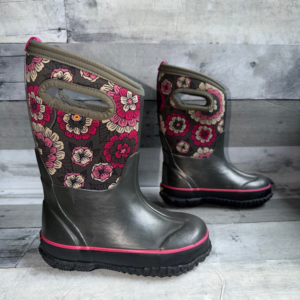 Bogs Classic Pansies Kids Waterproof Insulated Winter Boots Olive Pink Size 11 - Picture 7 of 8